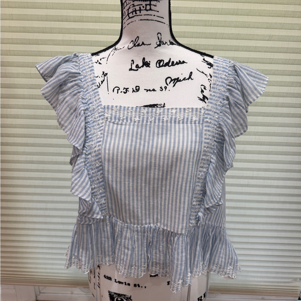 Zara Light Blue and White Striped Ruffle Blouse